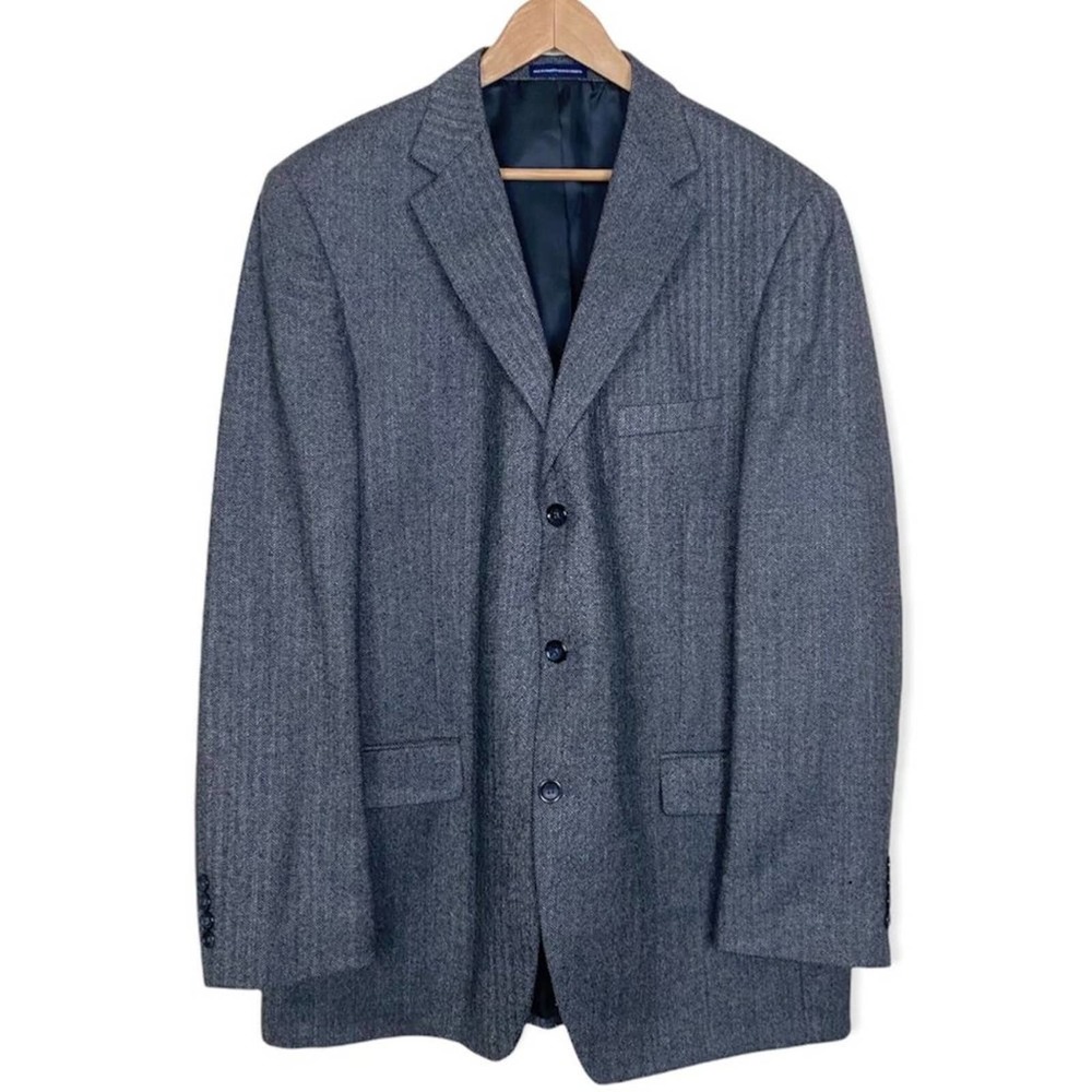 Stafford Mens Lamb Wool Sport Coat size 44 Long Herringbone Black Grey NWOT